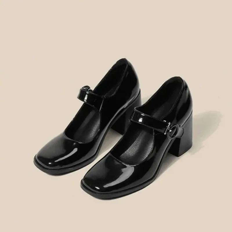 Women Shoes Fashion Mary Jane Shoes Quality Patent Leather High Heels Shoe Square Head Shallow Mouth Single Shoes Zapatos Mujer