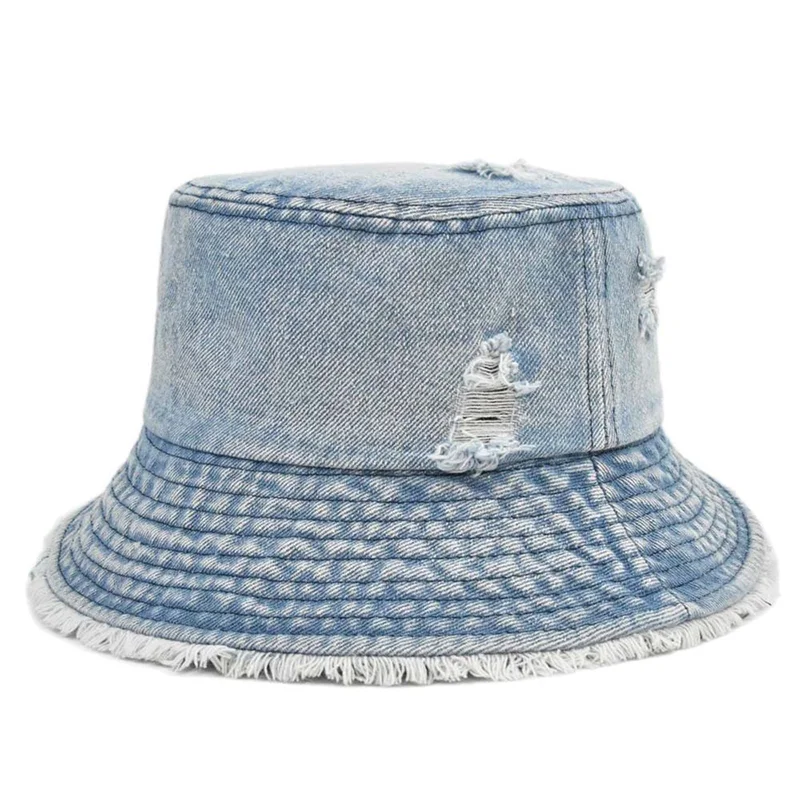 2021 Fashion Summer Washed Denim Sun Bucket Hats Panama Women Flat Top Caps Wide Brim Foldable Outdoor Anti-UV Beach Bonnet