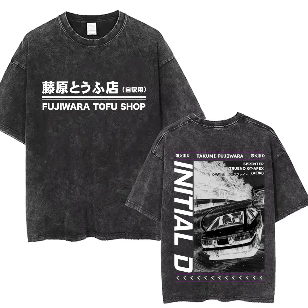 

Washed Vintage Anime Initial D Drift AE86 Fujiwara Tofu Shop Logo Print T-shirt Takumi Fujiwara T Shirts Men Manga Retro Tshirt
