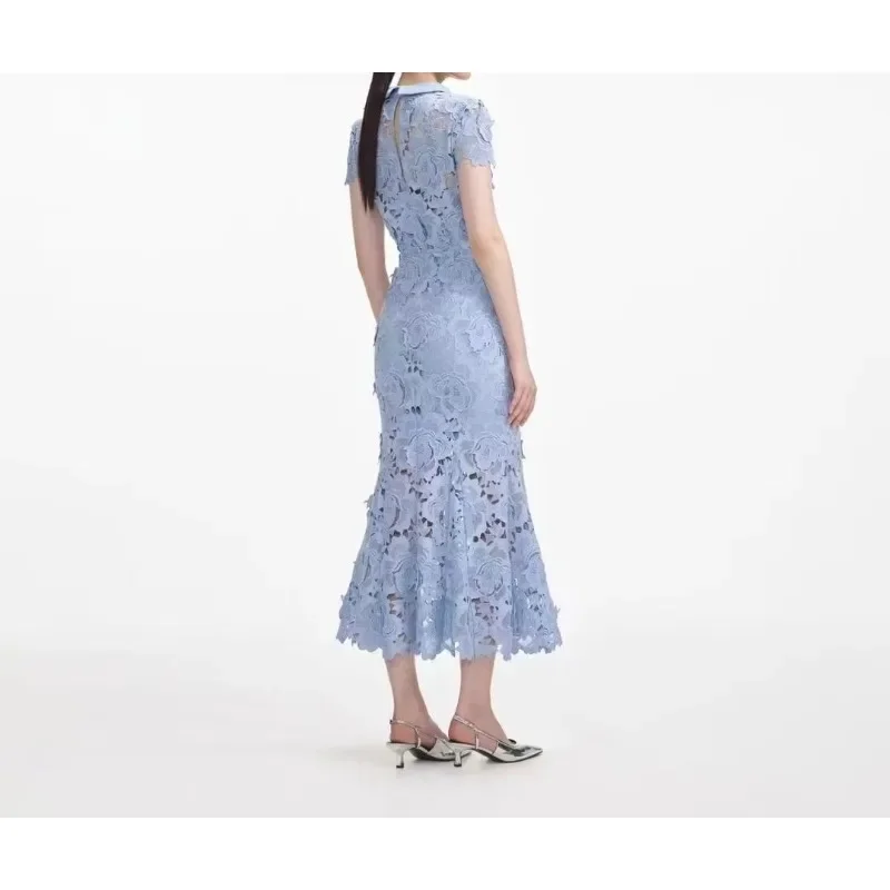 Women's Blue Lace Elegant Ladies  High Quality Patchwork Short Sleeve Pleat Midi Dresses for Party New Year Festival