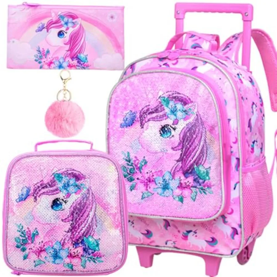 

KLFVB Rolling Backpack for Girls Boys, Roller Wheels School Bookbag with Lunch Bag, Wheeled School Bag for