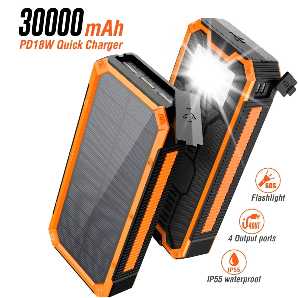 30000mAh Solar Power Bank PD18W Fast Charge Waterproof Powerbank Portable Battery Charger for iPhone 13 12 Samsung S22 Poverbank