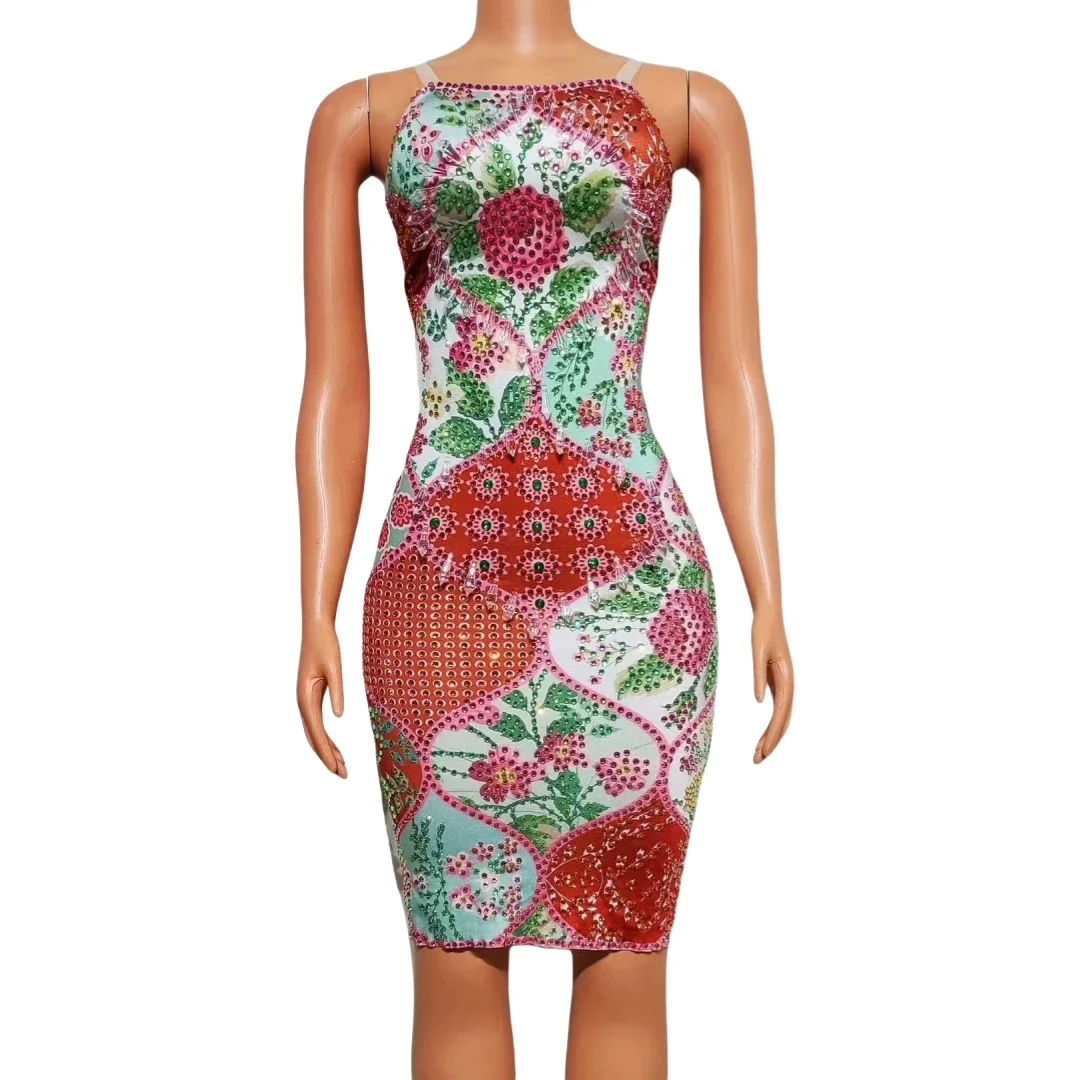 

Stretch Spandex Short Dress For Women Sleeveless Flower Sparkly Rhinestone Stage Wear Party Night Clubwear Mardi Gras Costume