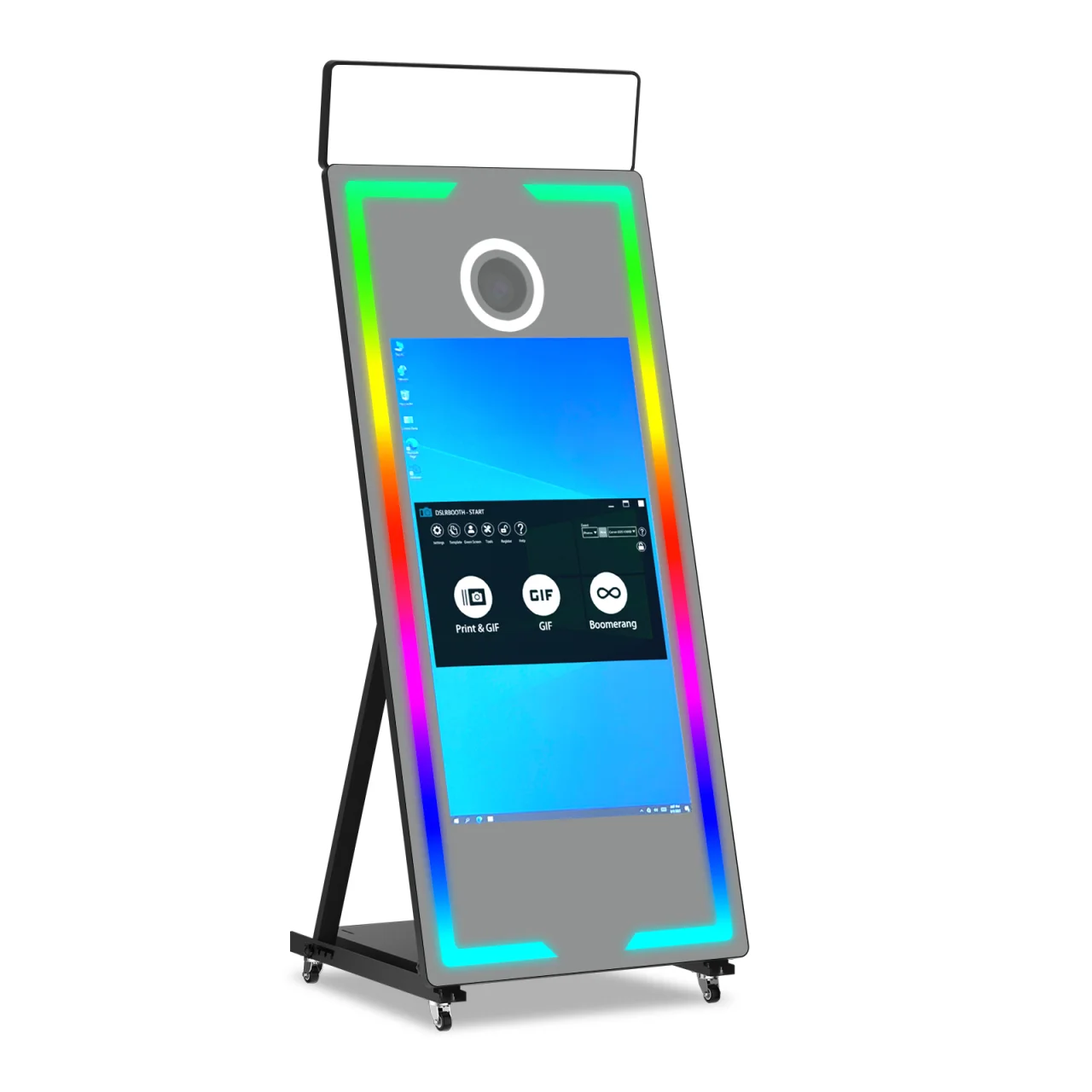 Tragbare Magic Photo Booth mit integriertem Mini-PC, Touchscreen-Spiegel für Hochzeiten und Events, inklusive Tragetasche für RGB-Beleuchtung