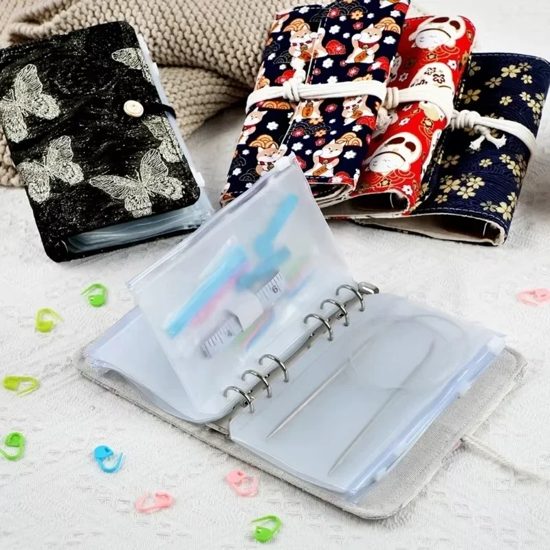 Circular Needle Organiser Bag with 12Pcs Removable Zippered Pvc Binder Pocket Cloth Portable Knitting Needle Case for Sewing