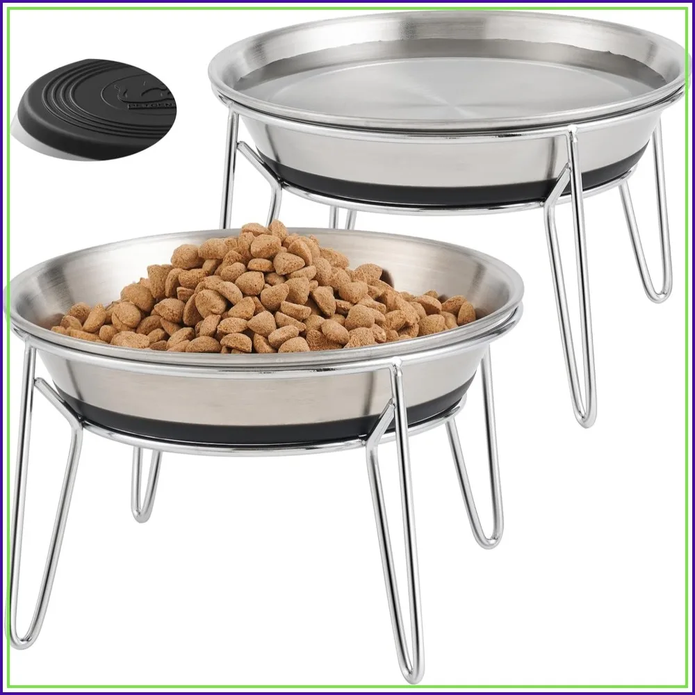 Cat Food Bowls, 2 Pcs Stainless Steel Cats Food and Water Whisker Fatigue Shallow Dishes, Small Dog Puppies Fat Faced Cat Kitten Supplies (2 Non-Slip Bowls with Stand)