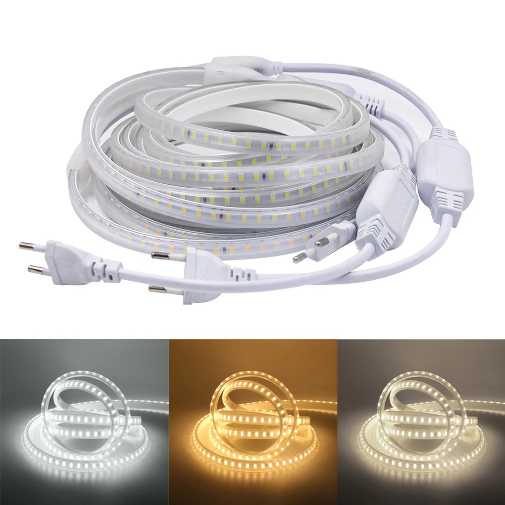 2835 LED Strip Lights 220V 120Leds/m Waterproof LED Tape Ribbon High Brightness 3000K-6000K Flexible Outdoor Lamp With EU Plug