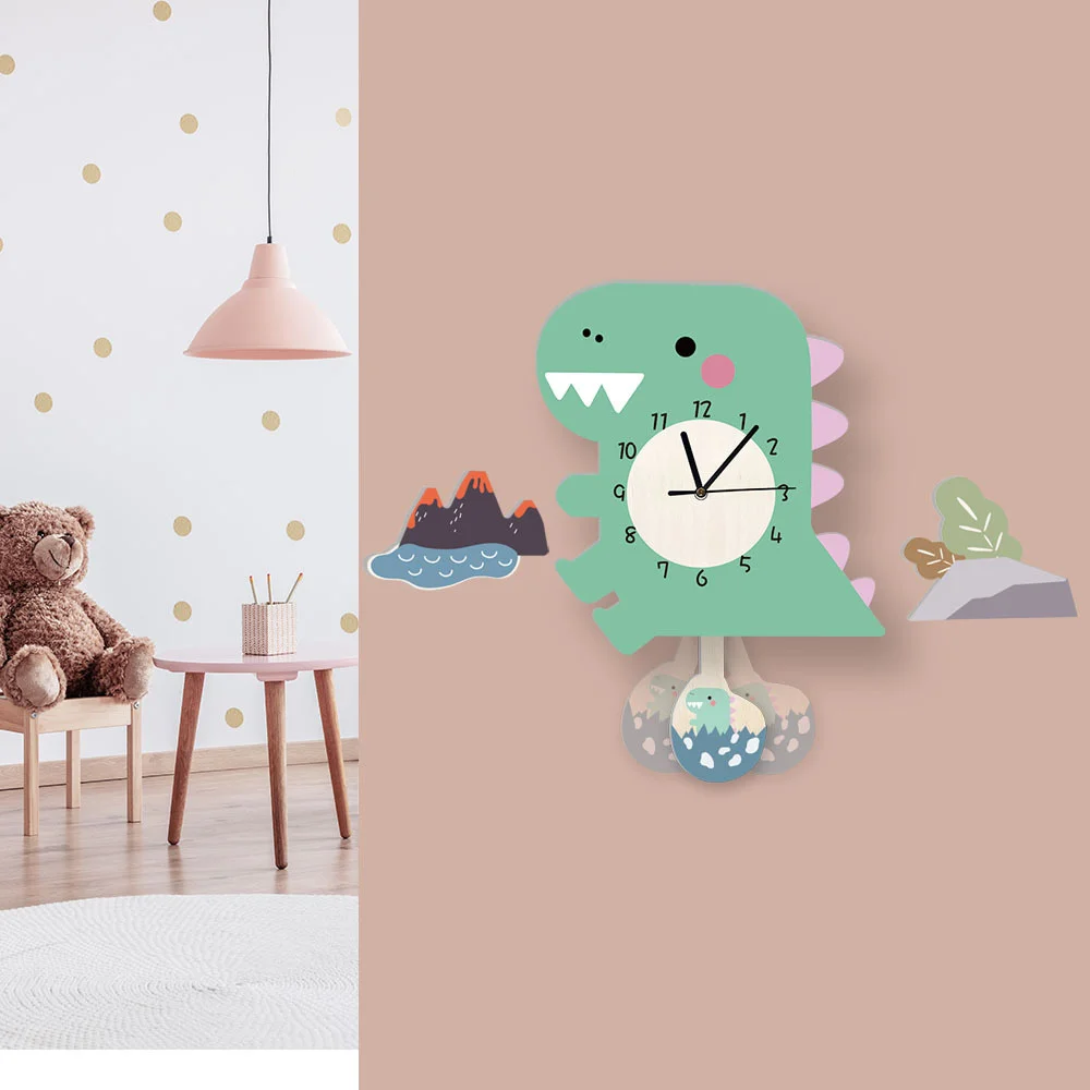 Cartoon Silent Dinosaur Pendulum Wall Clock Kids Toys Cartoon Handwork DIY Movement Clocks for Boys Room Kids Room Wall Decor