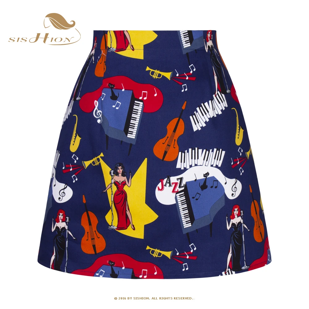 SISHION corto Mini Vintage 50s 60s Retro Rockabilly falda de algodón SS0008 gatos azules Jaz concierto impreso mujeres verano faldas sexis