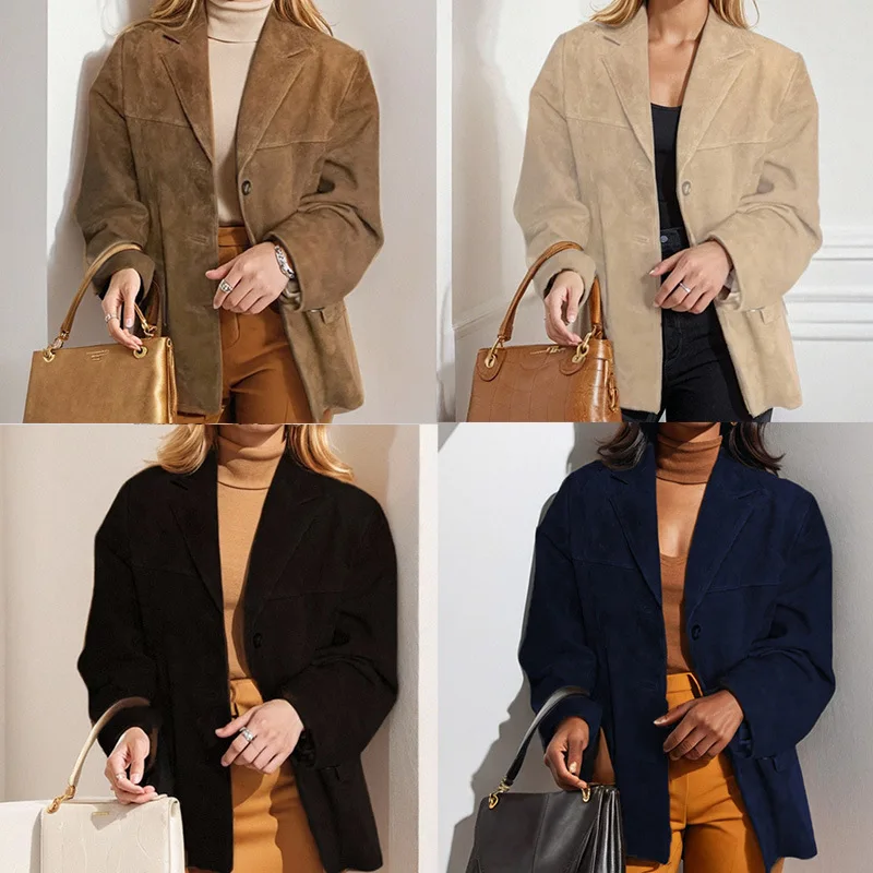 

Vintage Faux Suede Blazer Women Casual Oversized Leather Jacket Autumn Winter Notched Lapel Single Breasted Outerwear Coats