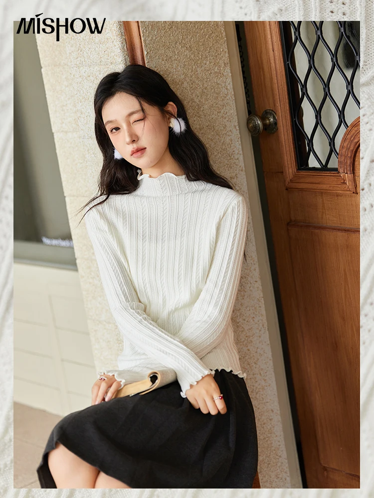 MISHOW Ear Fungus Edge Bottoming Shirt Texture Design Slim Fit Women Soft Light Inside Pullover Knitted Sweater MXD57Z1008