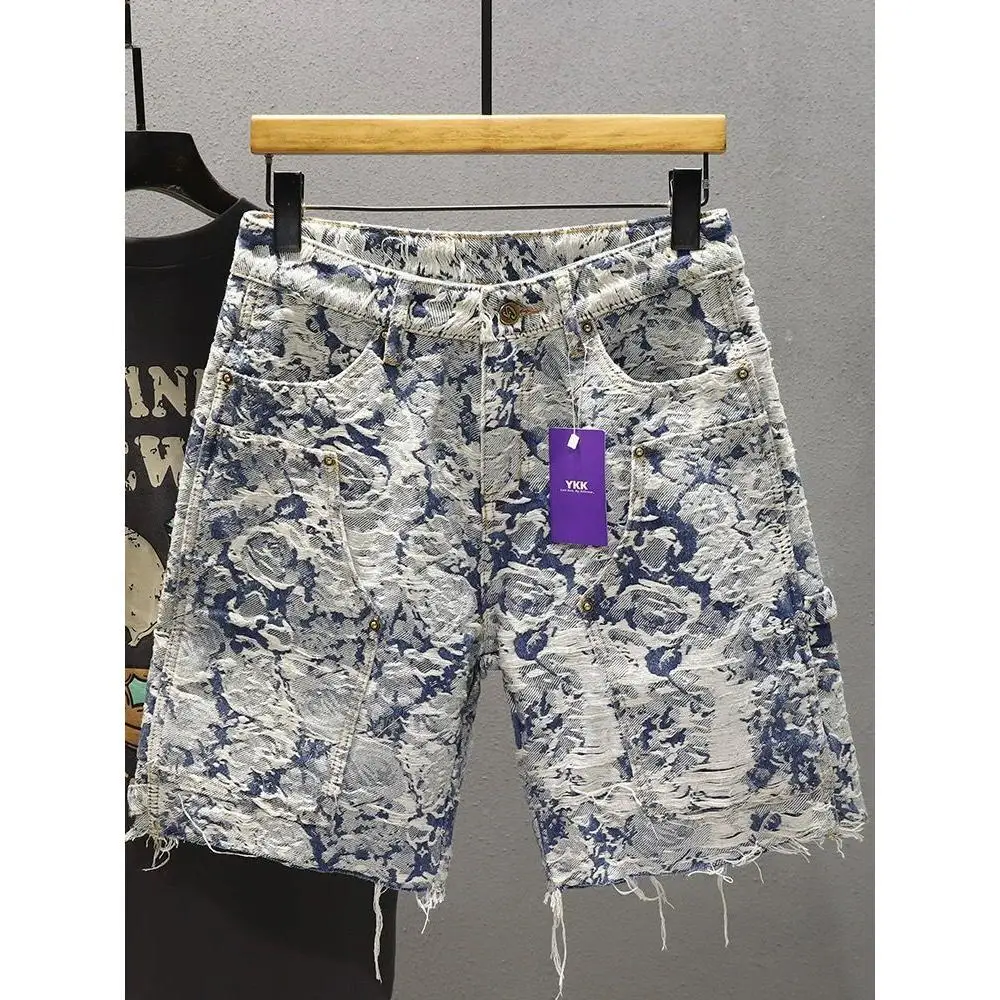 Light Luxury Denim Shorts Men's Summer Loose and Versatile Casual Five-point Pants Fashion Blue and White Low Rise Short Pants