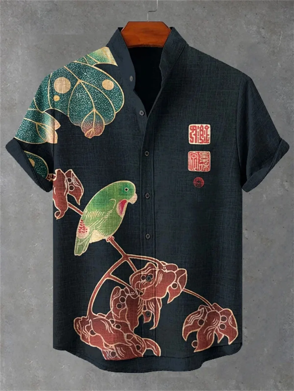 

Summer Men's Linen Shirt Abstract Bird Print Short Sleeve Fashionable Stand up Collar Button up Outdoor Casual Streetwear