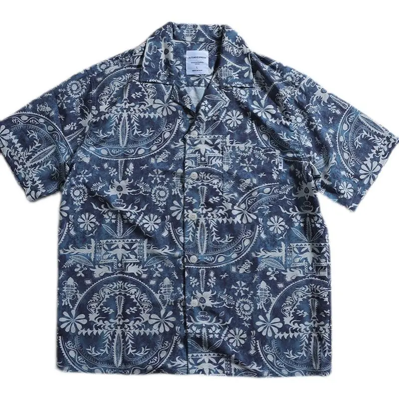 

Мужская рубашка-поло в кубинском стиле, цвет индиго, с цветочным принтом, свободного кроя, для пляжа, трендовая, дышащая, летняя