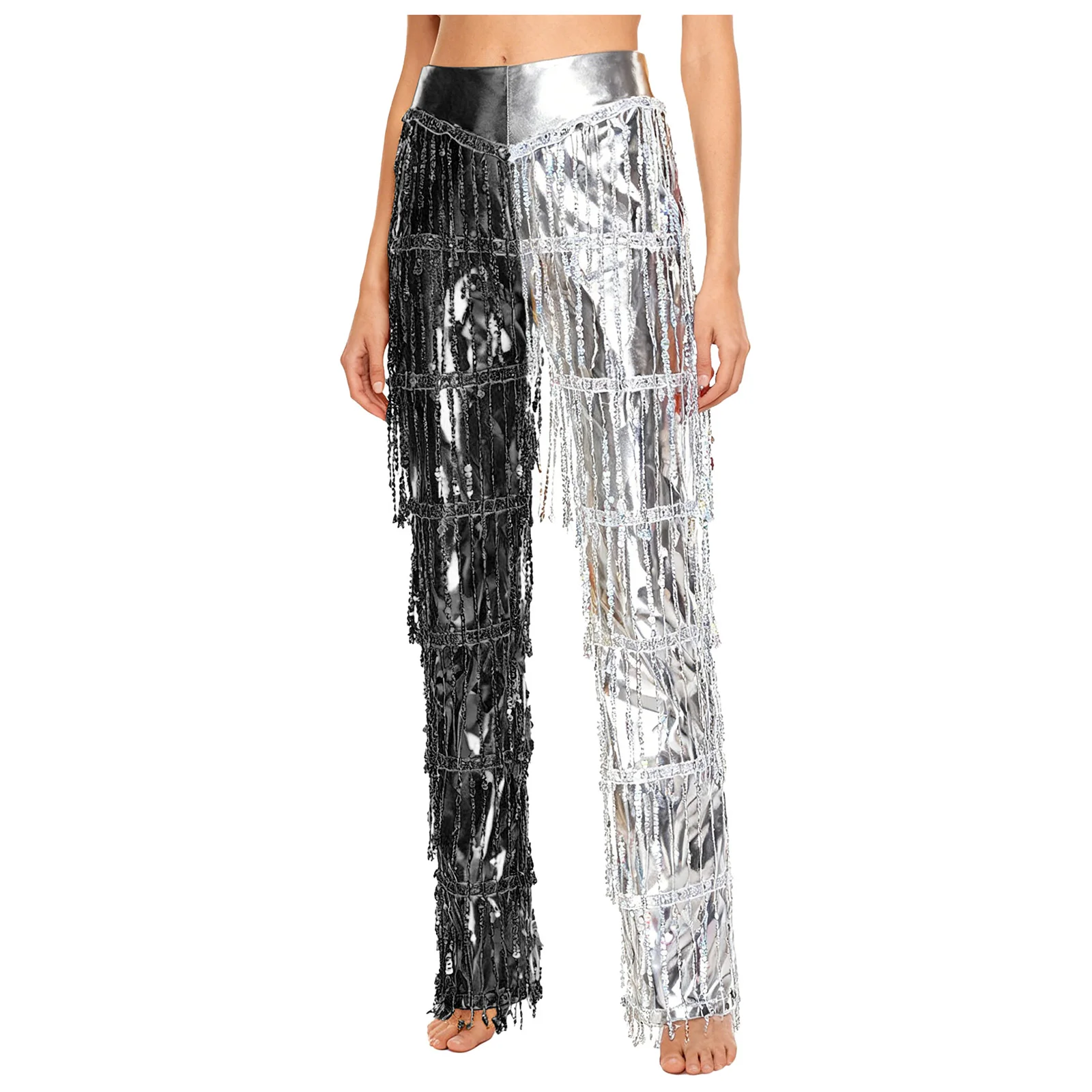 Frauen glänzende Quaste Latin Tango Rumba Tanz Performance Hose abgestufte Pailletten Quaste Metallic Tango Salsa 70er Jahre Disco Tanz Hose
