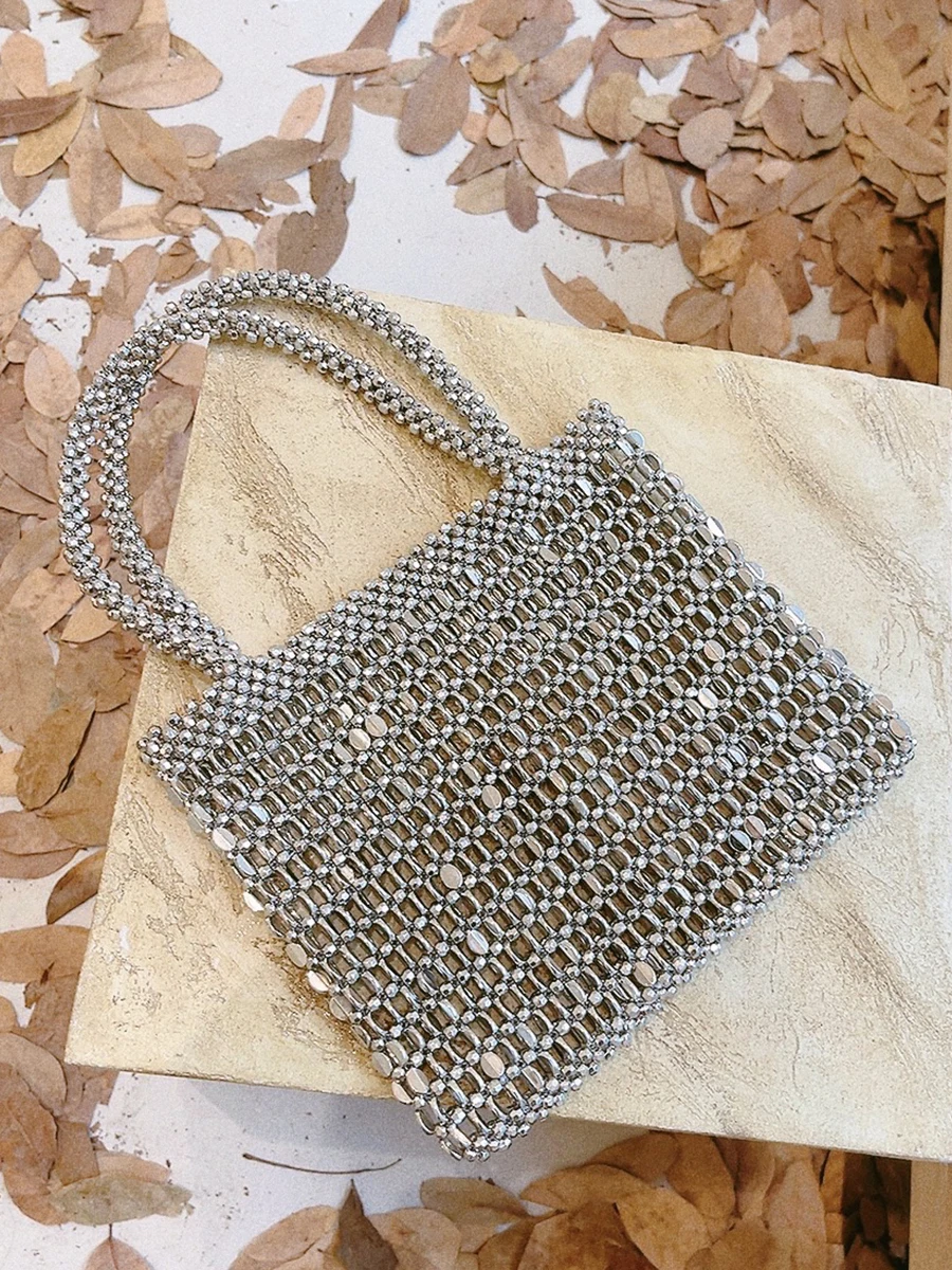 Metal Woven Shiny Square Bag Top Handle Portable Handbag Hollow Out Fashion Clutch Bag