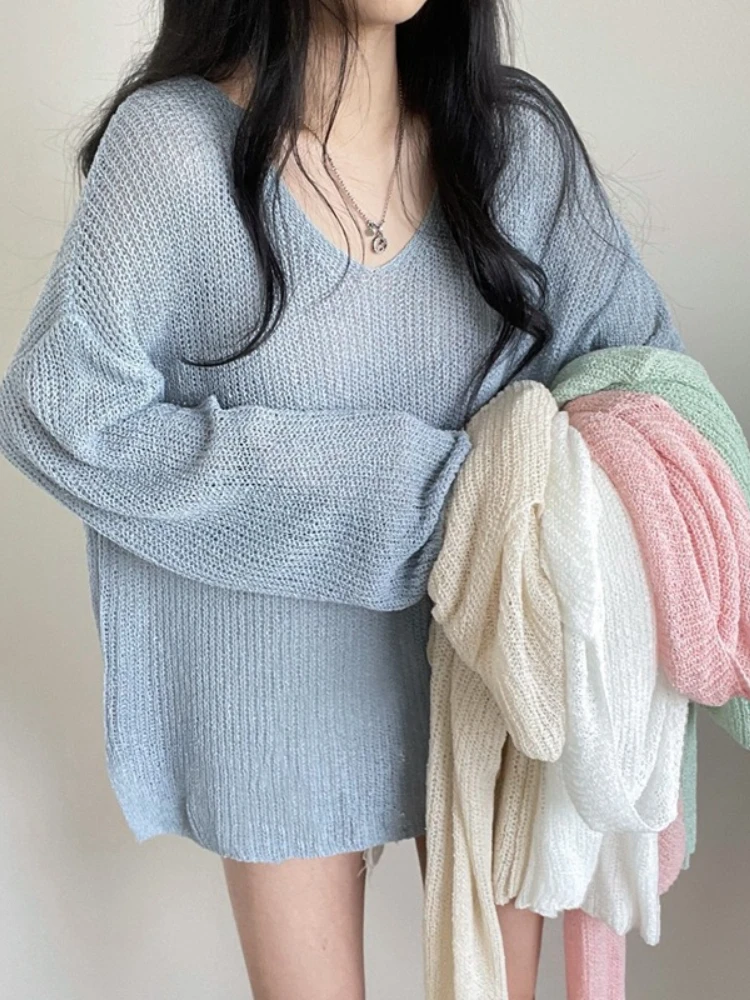 Korean Thin Solid Color Top Loose Lazy V-Neck Sun Protection Cover Up 2026 Summer New Chic Lightweight Knitted Women T-shirt