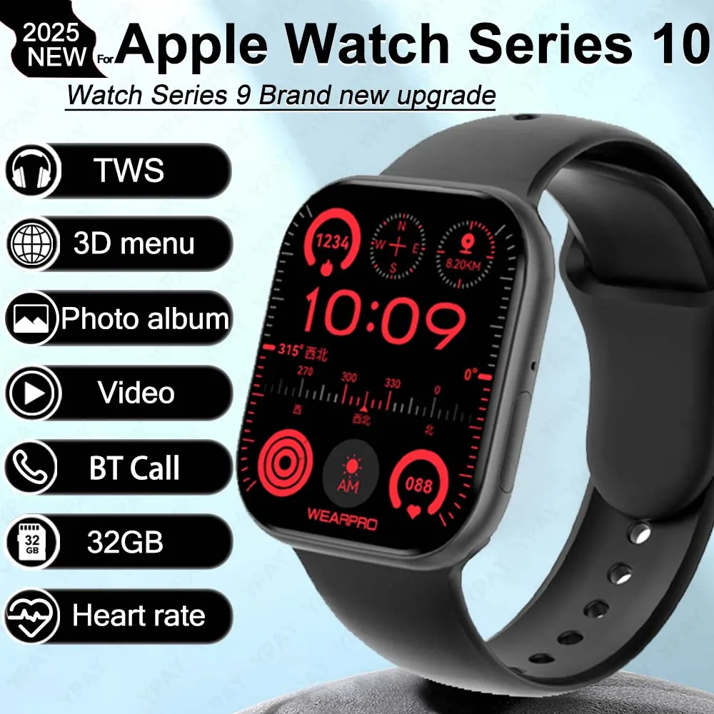 

2025 New Men Smartwatch Series 10 Watch 2.04" AMOLED 32GB ROM Bluetooth Call Music Video GPS NFC Compass IP68 Waterproof For IOS
