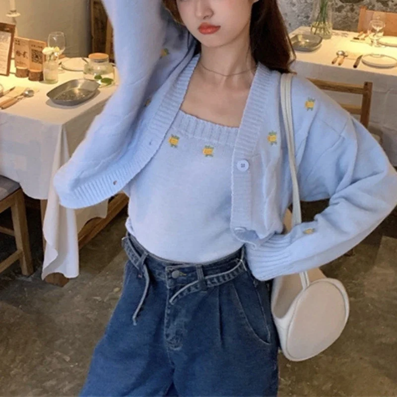 Gaganight Women Sweet Gentle Wind Knitted Camisole Cardigan Suit 2023 Autumn Outer Wear Soft Waxy Sweater Strap Two piece Set