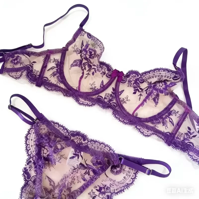 Embroidery Ai - フランス製超薄型透け感のあるレースのアンサンブルランジェリー、刺繍入りプッシュアップ、ノンワイヤー、垂れ防止、ロマンチックなデートに最適