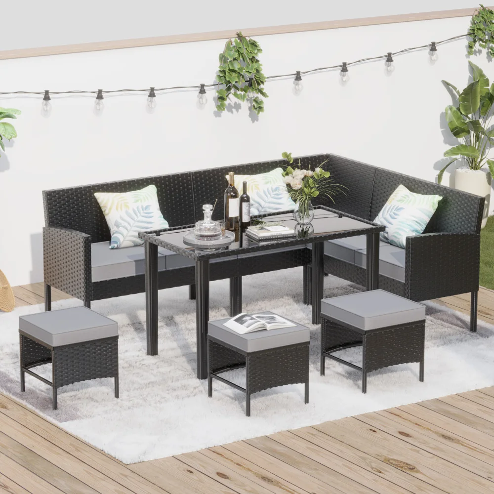 

7-Piece Small Space Patio Furniture Set: Waterproof Cushions, Glass Table, for Backyard/Terrace/Garden (Blue & Grey)