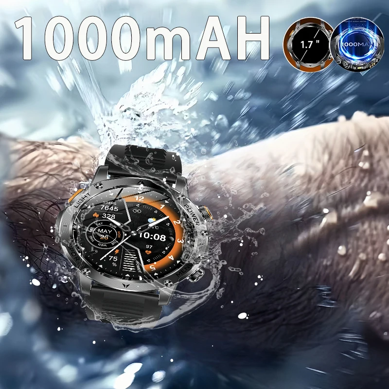 

Смарт-часы мужские военные 1,7-дюймовые фонарики водонепроницаемые пульсометр спортивные BT Call Smartwatch