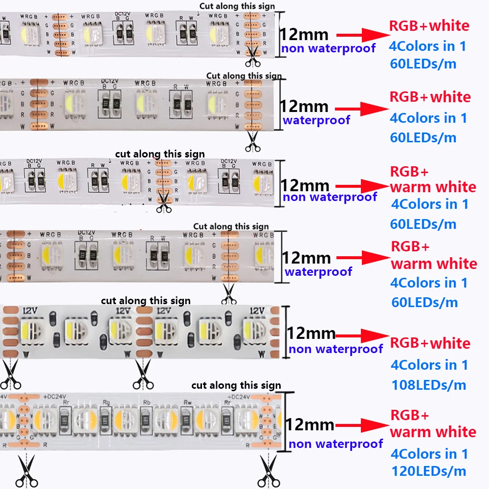 5m RGBWW RGBW RGB CCT LED Strip Light Tape 12V 24V RGBCCT 4 5 Colors In 1 Chip 5050 60 96 108 120 LEDs White Flexible Ribbon