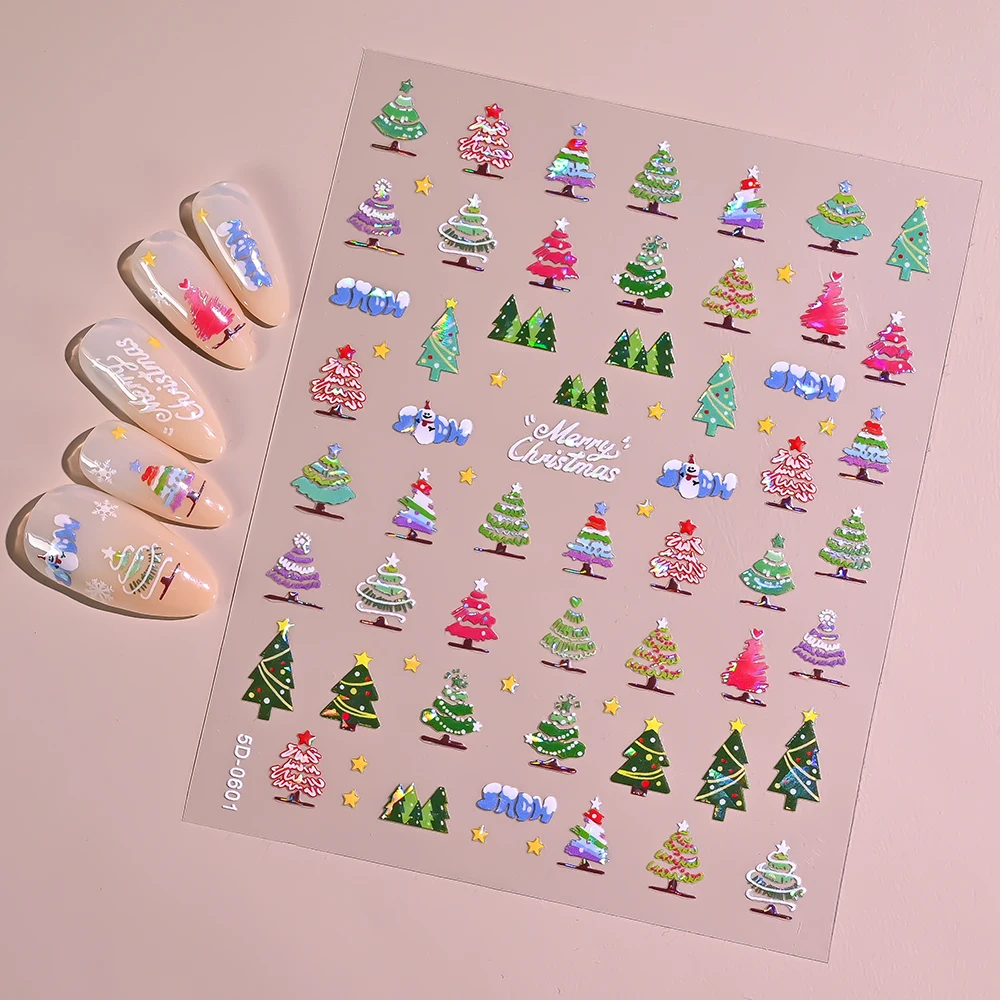 Pegatinas 5D para decoración de uñas de árbol de Navidad, calcomanías autoadhesivas de árbol de Navidad de dibujos animados, deslizadores de invierno de Año Nuevo, decoración de manicura DIY, 2 uds.