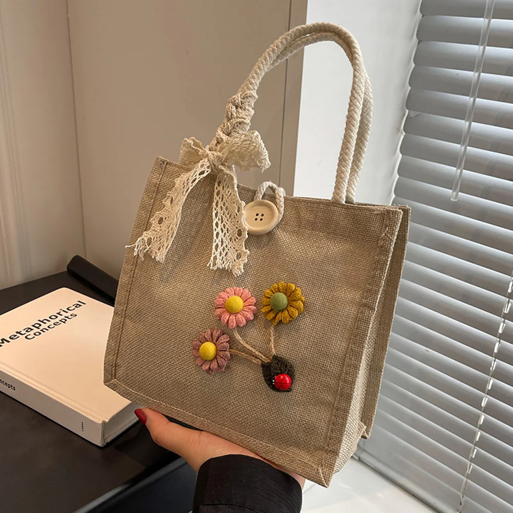 Fashion Handbag 2023 Summer New Rural Linen Bag Small Fresh Linen Outgoing Handbag Seaside Flower Ribbon Design Bag