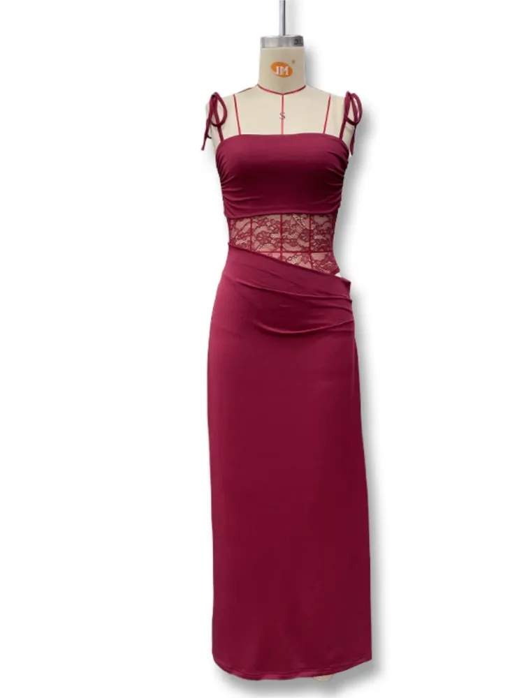 Abito sexy Vestido Abiti 2025 Donna con cinturino per spaghetti Vedere attraverso patchwork di pizzo Slim tinta unita Sling senza maniche Hot Bodycon