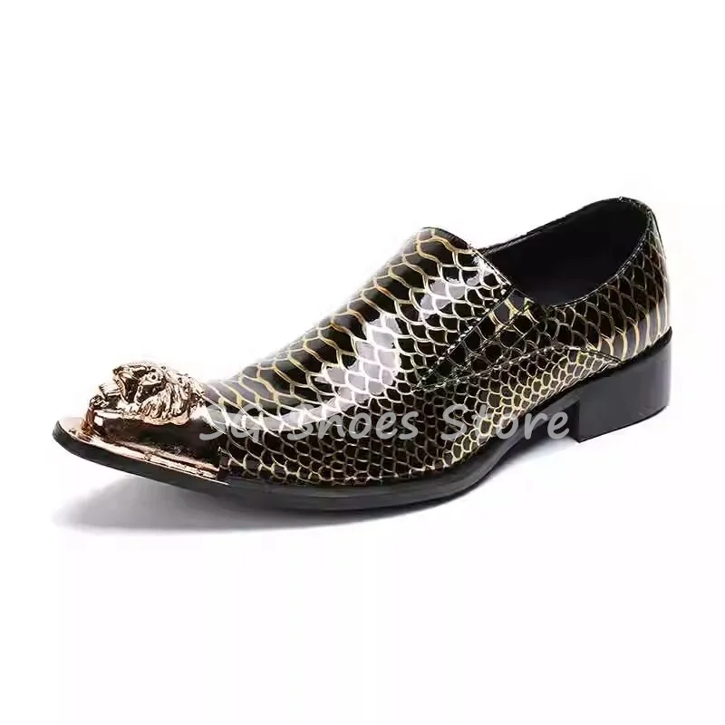 Fashion Metal Pointed Toe Splicing Snakeskin Pattern Leather Loafers for Men Shallow Slip-On Derby Shoes Male Party Dress Shoes