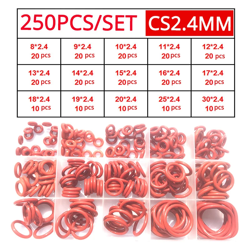 Red Silicone O Rings 250-100Pcs O-Rings Red Silicone VMQ Seal Sealing O-Rings Silicon Washer Rubber O-Ring Assortment Kit Set image 3