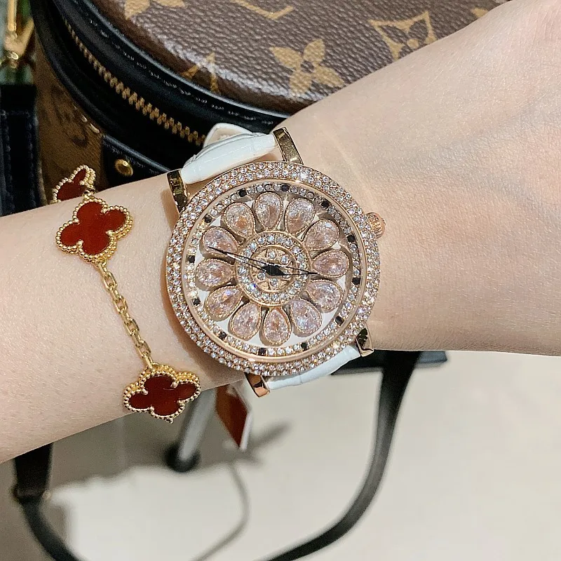 Neue Rotierenden Zifferblatt Uhren Frauen Strass Quarzuhr Lederband Luxus Dame Casual Mädchen Uhr reloj mujer Feminino + Box