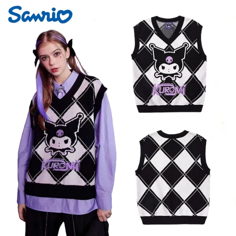 New Sanrio Kuromi  V-neck Knitted Vest Cartoon Cute JK Stylish Diamond-shaped Lattice Sleeveless Sweater Thermal Vests Girl Gift