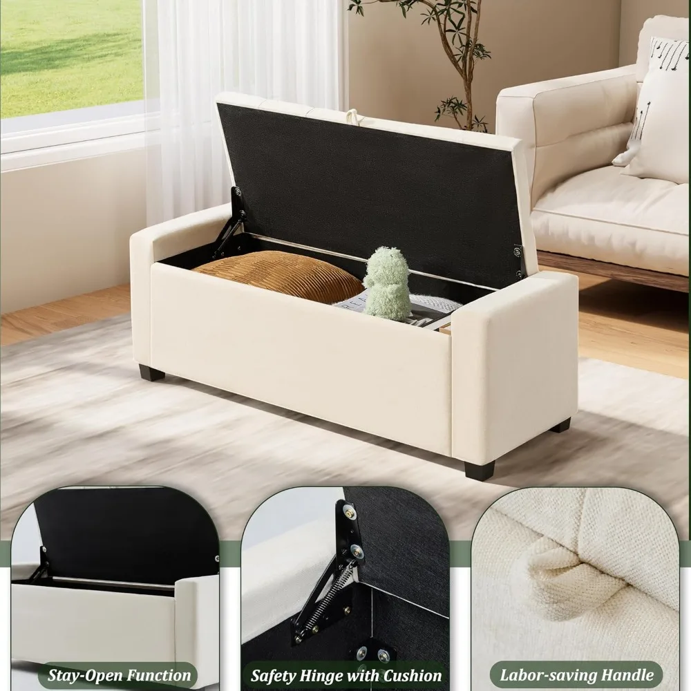 مسند تخزين مع مقعد معنقدة منجد، مفصل أمان، يدعم 350 رطلاً، مقعد مدخل لغرفة النوم وغرفة المعيشة #4