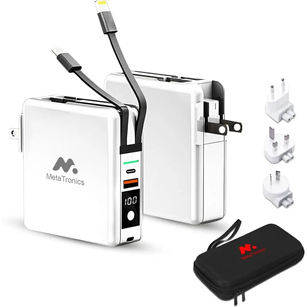 

Universal 10000mAh 5-Port Power Bank with Built-in USB-C & Lightning Cables and International Travel Adapter