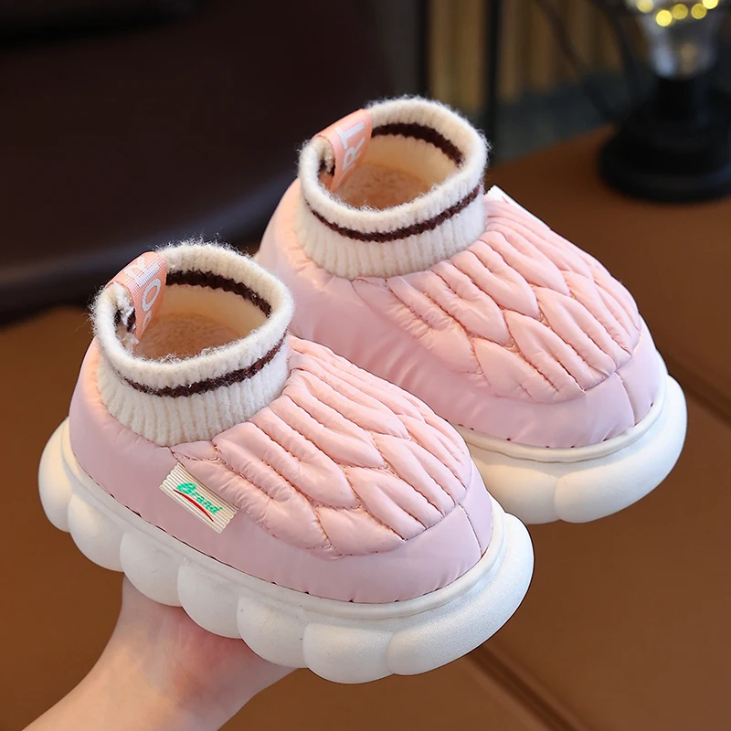 Fashion Winter Children\'s Cover Heel Fluffy Slippers Boys Girls Waterproof Non-slip Warm Home Kids Slip On Cotton-padded Shoes