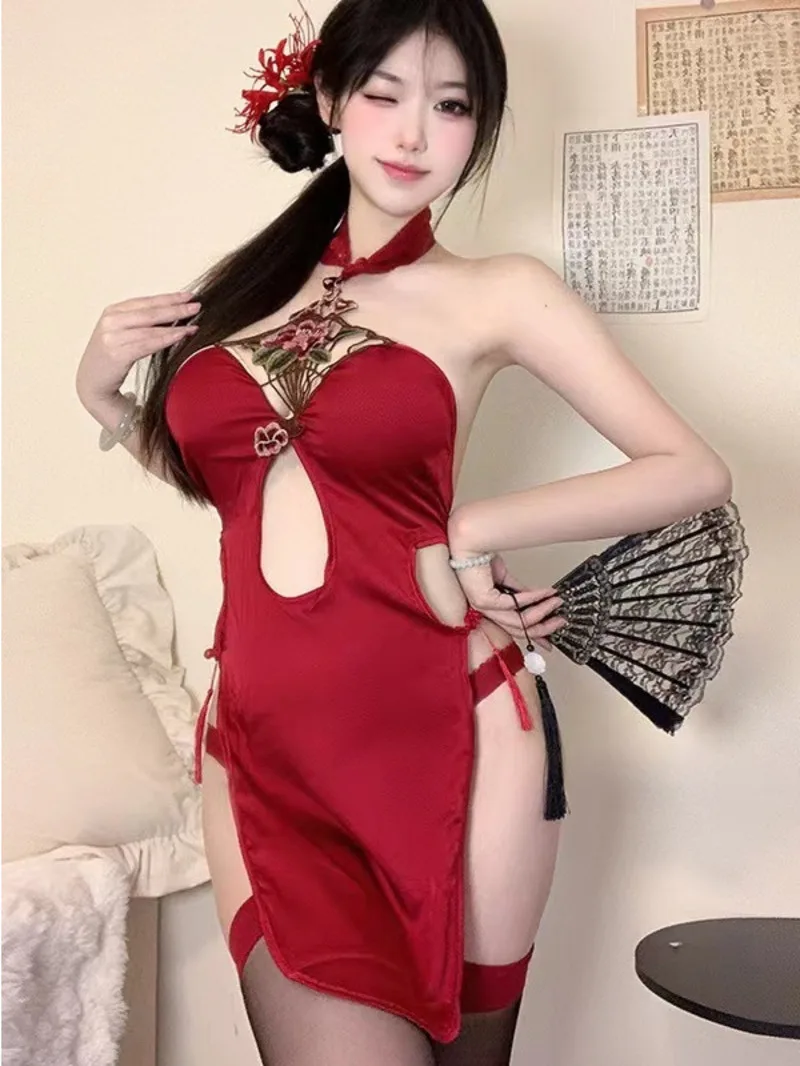 Erótico sexy pendurado pescoço estilo antigo oco para fora alta fenda cheongsam uniforme tentador paixão vestido feminino elegante doce a6a1