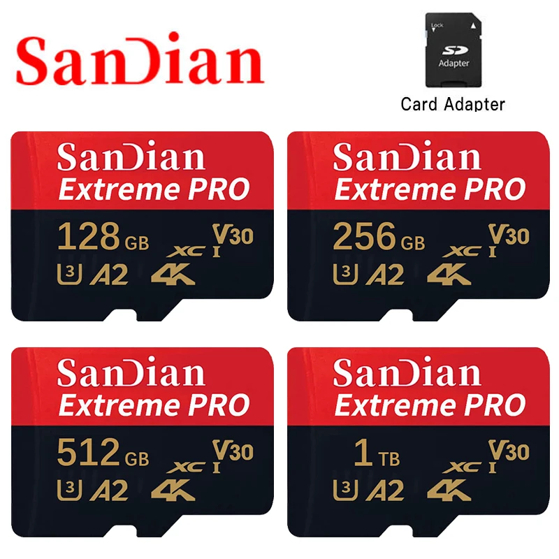 Sandian 128GB Extrem Pro Micro การ์ดความจำใช้งานได้กับกล้องแอคชั่นฮีโร่12 V60สีดำ U3 Stromboli microsdxcsd เครื่องอ่านการ์ด