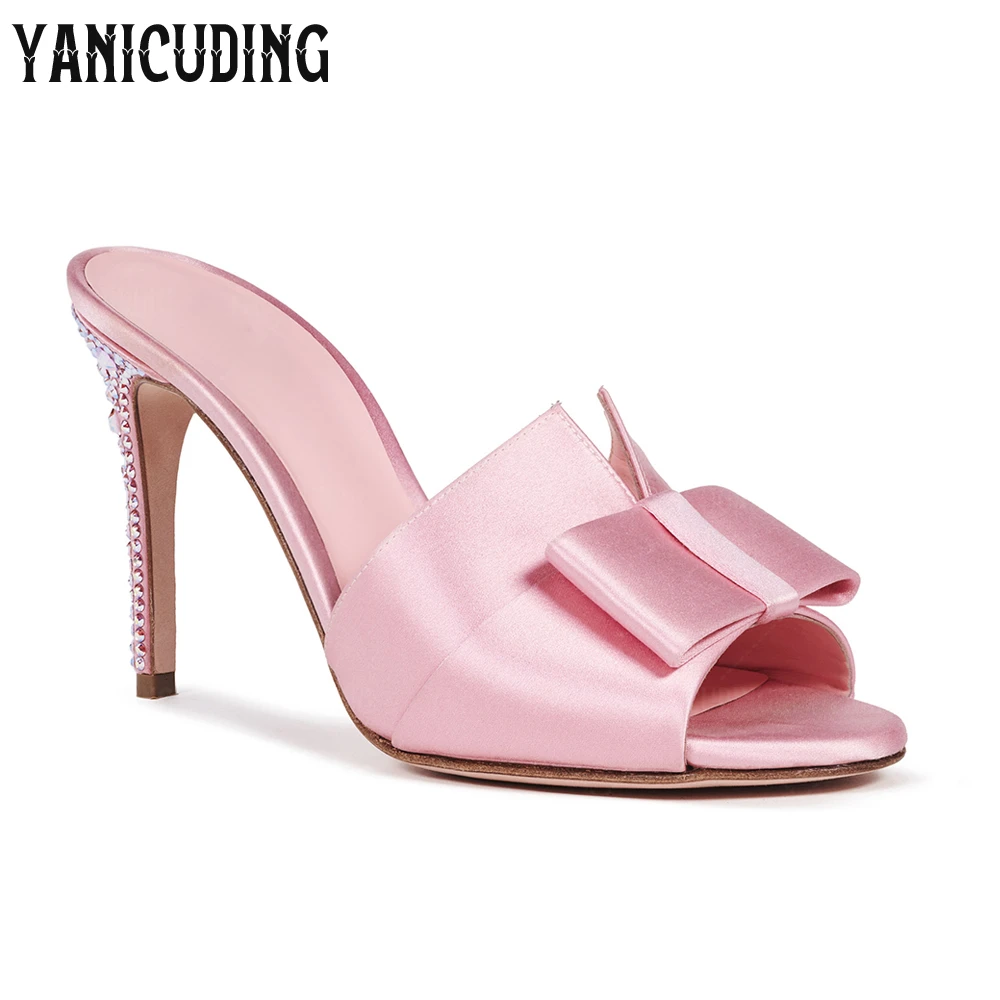 

Pink Satin Bow Rhinestone Mules Elegant Style Stiletto Slippers Designer Style Handmade Shining Crystal Summer Slipper for Women