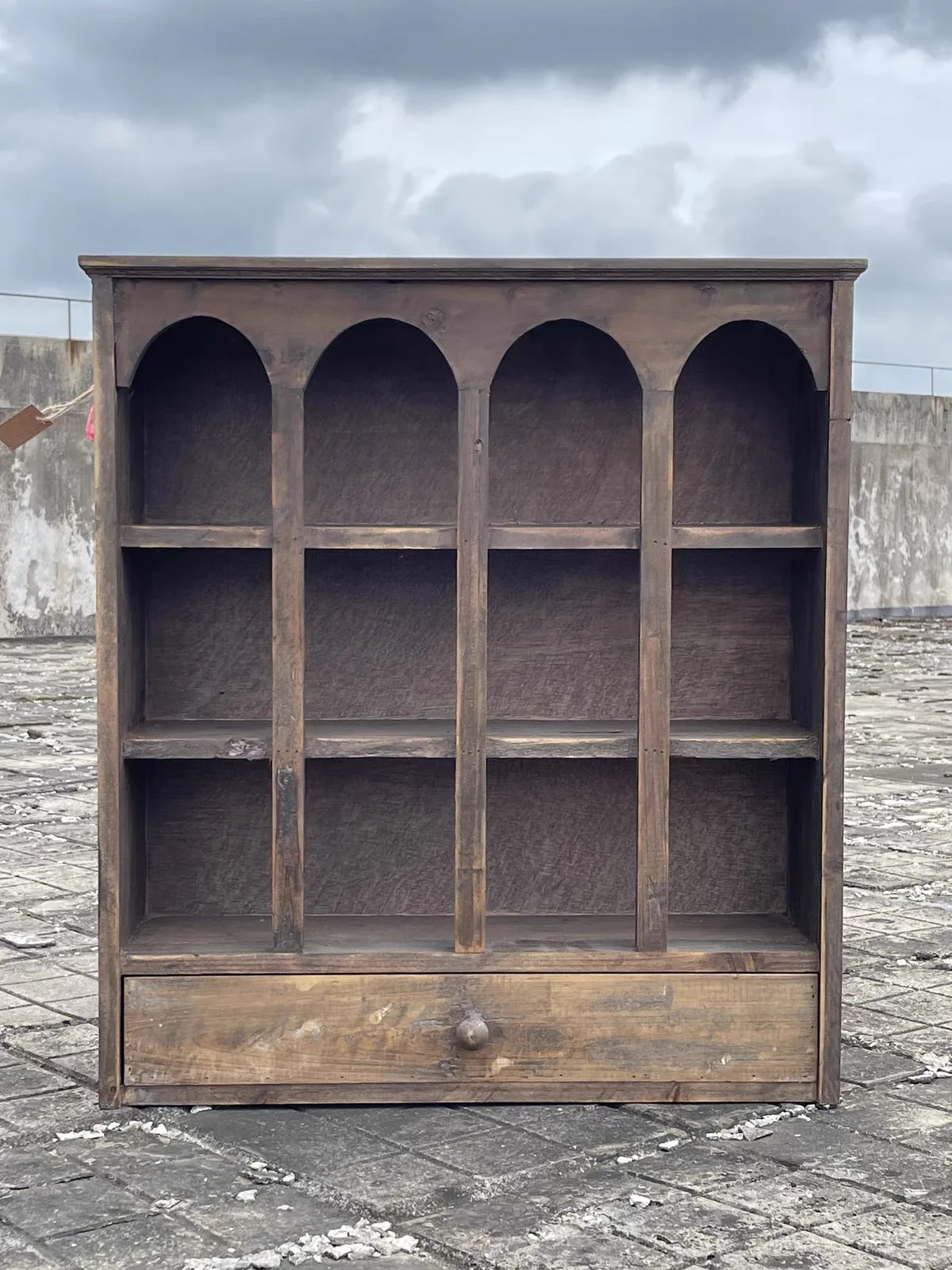 Handmade Vintage Fir Wood Wall Cabinet 12-Cubby Display Shelf with Drawer Rustic Wabi Sabi Tabletop Storage Organizer
