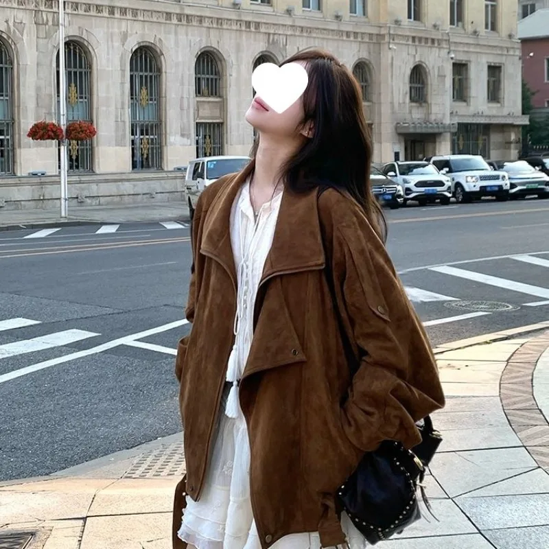 

Женская осенняя куртка свободного кроя с двойным воротником в корейском уличном стиле, универсальная, однотонная, новая модель