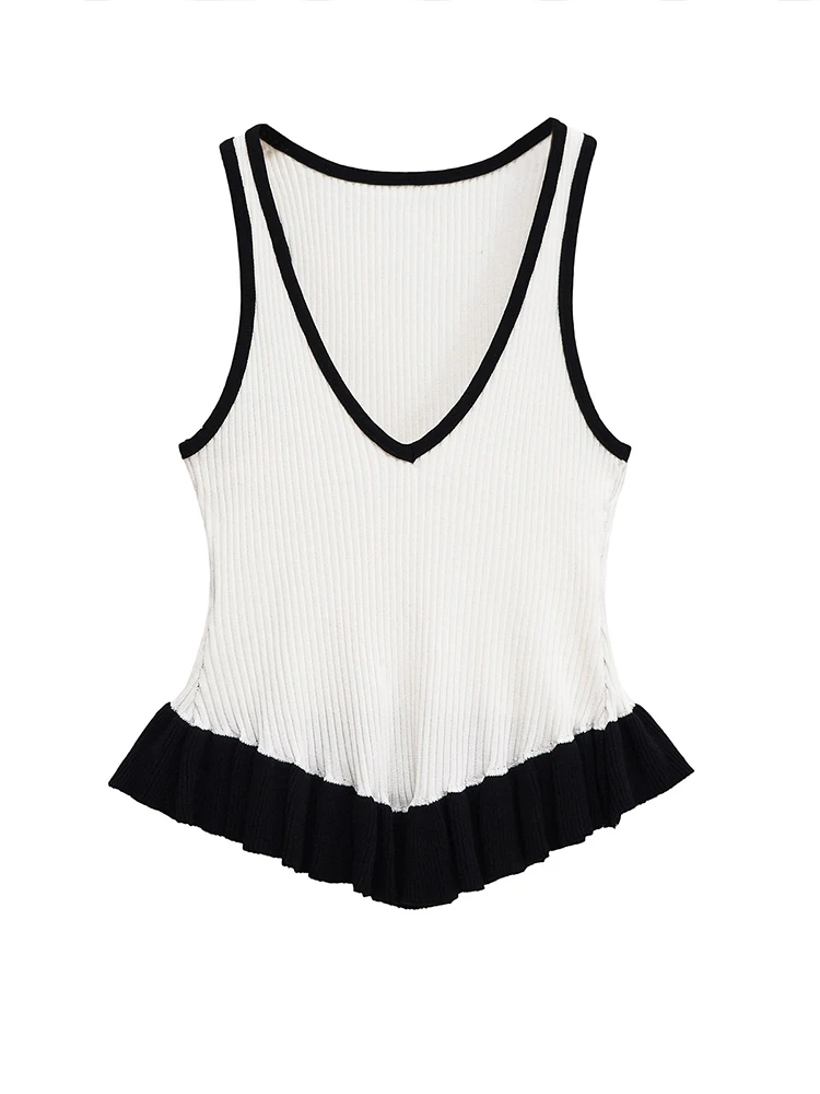 

European style new women's fashion versatile slim warp knitted contrast color design V-neck sleeveless vest top
