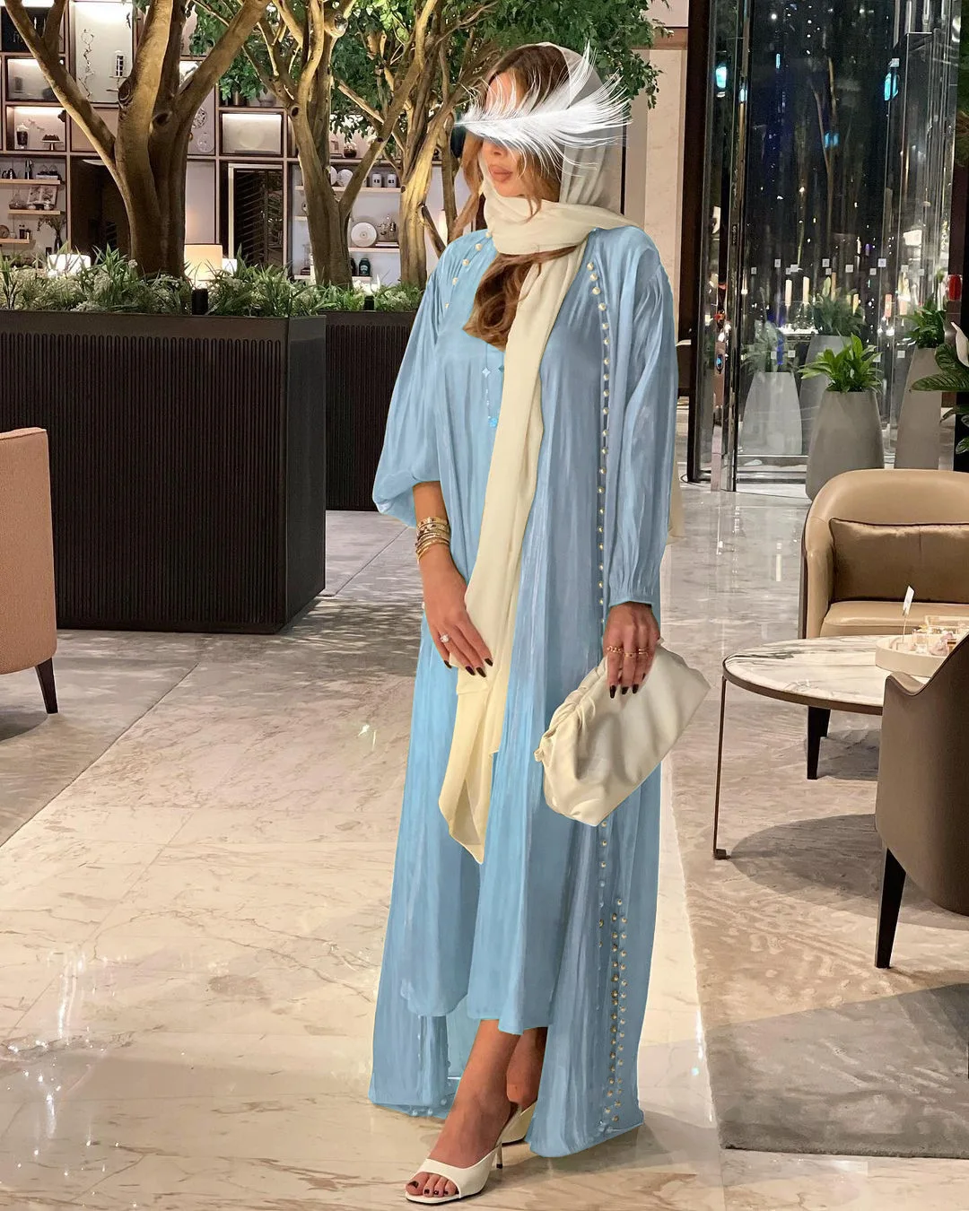 Imagem -02 - Marrocos Caftan Muçulmano Abaya Vestido Feminino Peça Conjunto Abayas Vestidos Dubai Árabe Seda Cetim Quimono Cardigan Robe Outwear Outono