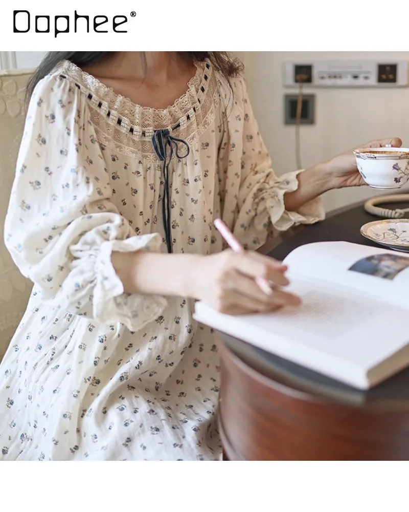 Korean Style Gentle French Floral Square Collar Single Off-line Lace Collar Ruffled Puff Sleeves Loose Casual Women's Loungewear