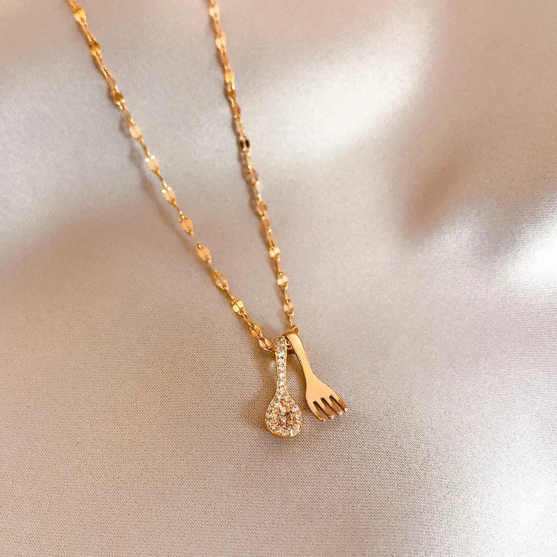 

New Necklace, Women's Soup Spoon, Fork Pendant, Rose Gold Jewelry, Collarbone Chain, Design Sense