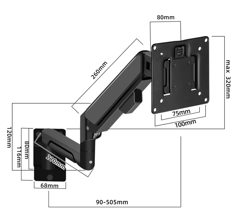 Soporte de Pared para Monitor de 10"-32", Soporte de Aluminio para Pantalla de PC, Soporte de Brazo con Resorte de Gas, Soporte de Pared para TV W3