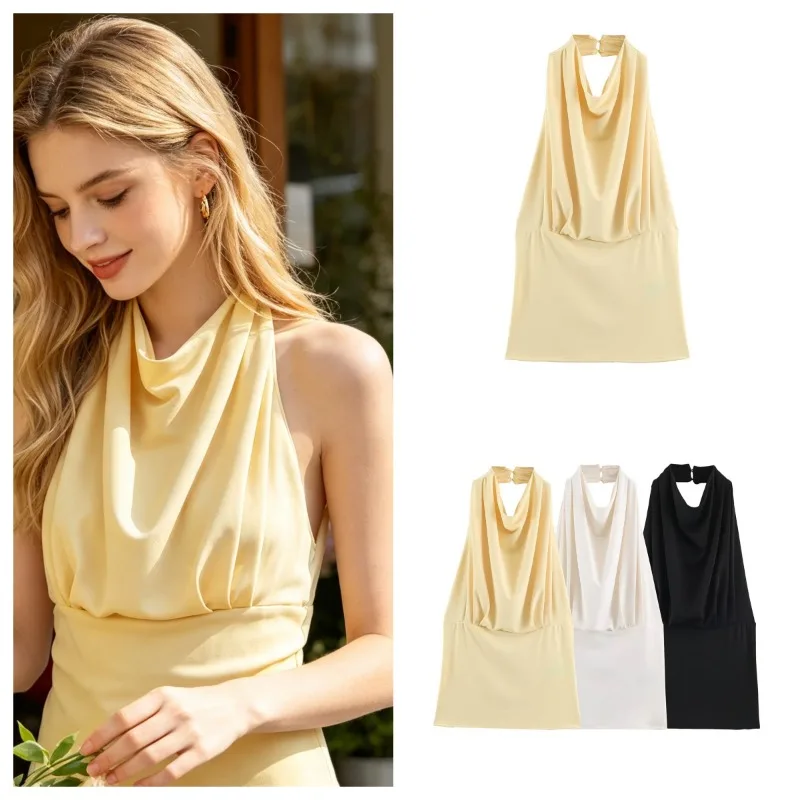 2026 Women S Top Autumn New Arrival Comfortable To Wear Draped Ruched Halter Neck Sleeveless Date Outfit Blouse