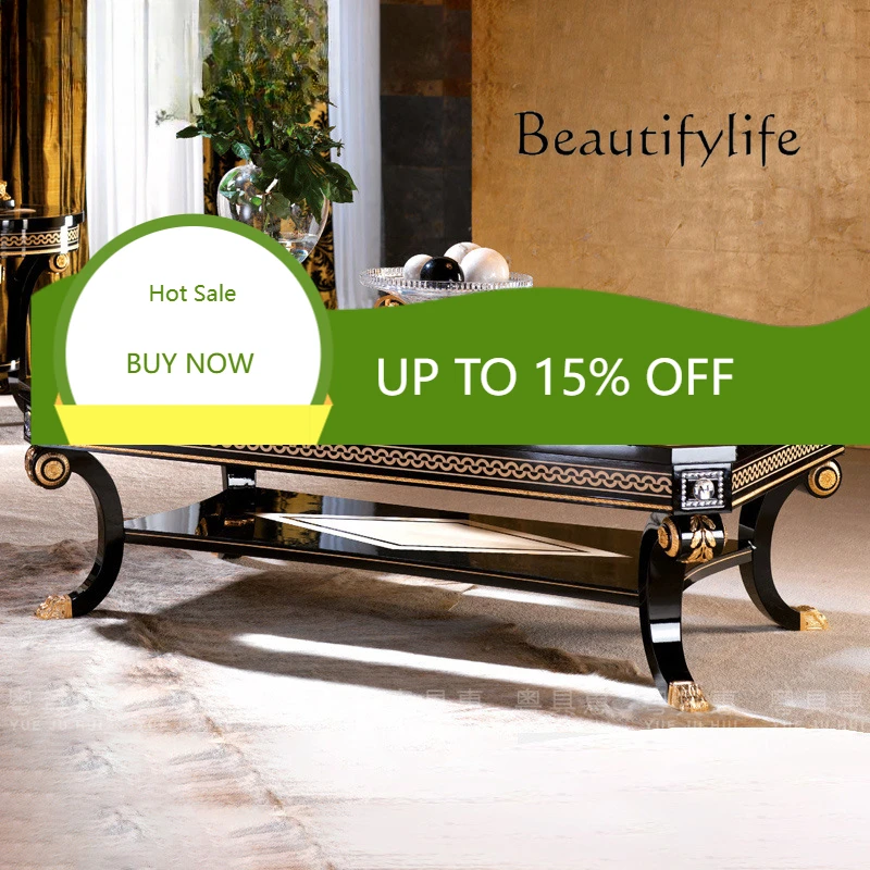 

European Neoclassical Living Room Furniture Black Piano Lacquered Wood Carving Flower Coffee Table Large Rectangular X
