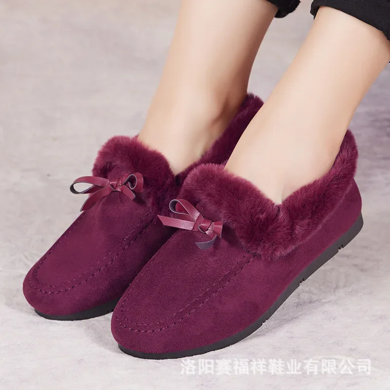 Women Winter Casual boots New Moccasins Soft Flat Non-slip Loafers Fashion Comfort Warm Plush Bow Slip on Female Cotton Shoes
